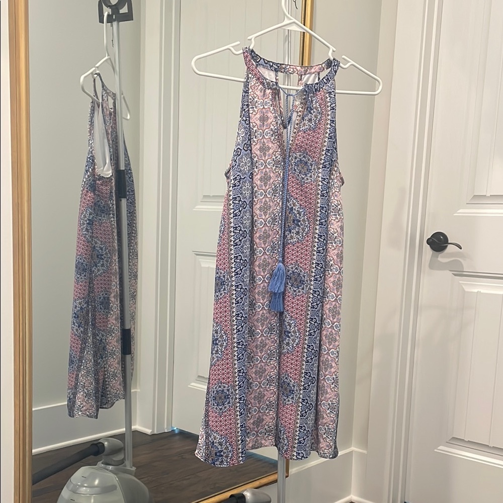 Pink and Blue Patterned Sleeveless Dress